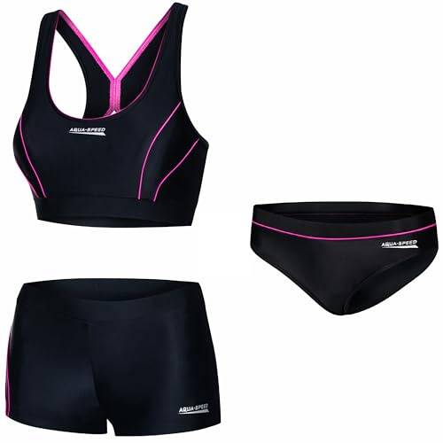 Aqua Speed Fiona Tankini pour Dames | Deux pièces | Tissu Vita | Résistant | 14. Ensemble Noir - Rose + Pantalon Bikini | Taille: 40
