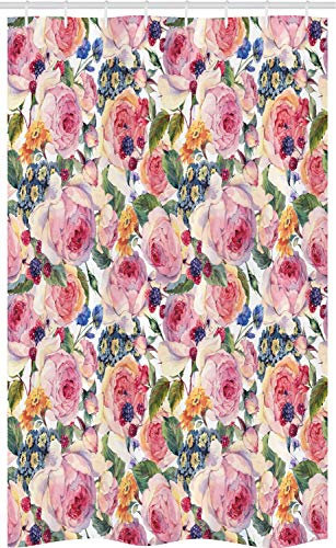 ABAKUHAUS Blumen Schmaler Duschvorhang, Shabby Pflanze Rose Blumen, Badezimmer Deko Set aus Stoff mit Haken, 120 x 180 cm, Rosa Mehrfarbig