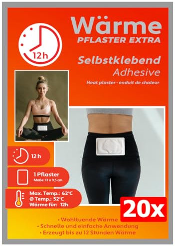 Wärme-Pflaster 12h für Rücken, Nacken, Bauch - Wärmekissen, Wärmepads, Rückenwärmer, Nackenwärmer Selbstklebend Wärmepflaster Set 20 Stück
