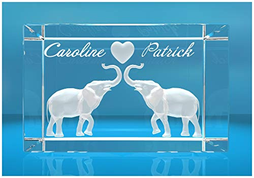 ELUNO 3D Glasquader | verliebte Elefanten mit Herz in 3D und Zwei Wunschnamen | Geschenk für den Partner die Partnerin | zum Valentinstag Jahrestag Hochzeit