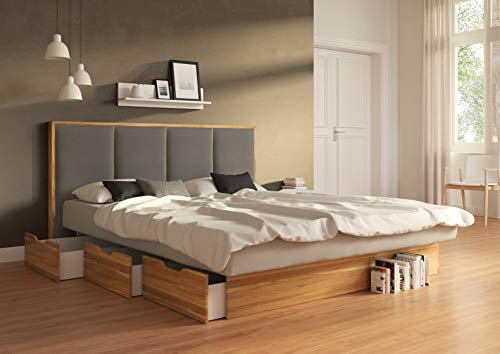 SuMa - Wasserbett 180x200 dual Schubkastenbett mit Bettkasten Wildeiche Eiche und Kopfteil Quaddro, Farbe lightgrey 180x200 cm