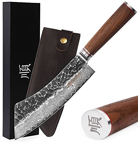 YOUSUNLONG Couteau à Rôtir Couteau à Briser 9 pouces (22,86 cm) Acier Damas Martelé Japonais VG10 - Trancheuse Viande, Grill, Viande Hachée - Manche en bois de noyer naturel avec étui en cuir