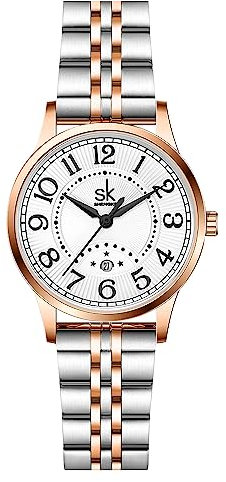 SHENGKE SK Business Klassische Damenuhr mit echtem Leder und Edelstahlband, Elegante Damenuhr, schwarz,