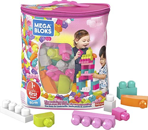 Mega Bloks Bausatz, 80-teilig, mit umweltfreundlicher Tasche, Rosa, Babyspielzeug ab 1 Jahr (Mattel DCH62)