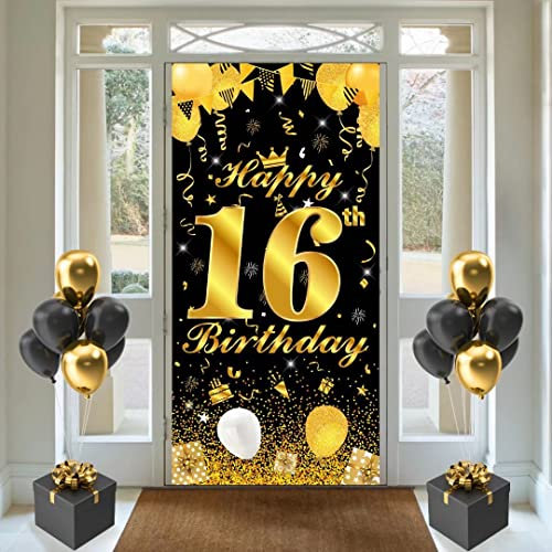 16. Geburtstag Deko, Geburtstagsbanner 16, Deko 16 Geburtstag Jungen und Mädchen, Schwarzes Gold Geburtstag Banner 16, 16 Schild Hintergrund zum Geburtstagsfeier Dekoration (Schwarzgold 16.)