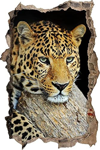 Gougeltd 3D-Effekt Wandtattoo liegender Leopard auf Baumstamm Aufkleber Durchbruch selbstklebendes Wandbild Wandsticker Stein Wanddurchbruch Wandaufkleber Tattoo 53x79cm