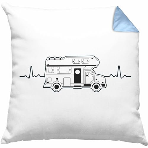 Trendation Wohnwagen Camper Kissen mit Füllung 40x40 Geschenke Wohnmobil für Männer Campingwagen Geschenkidee Zubehör Camping Opa Oma Rentner Herzschlag Lustig (Blau)