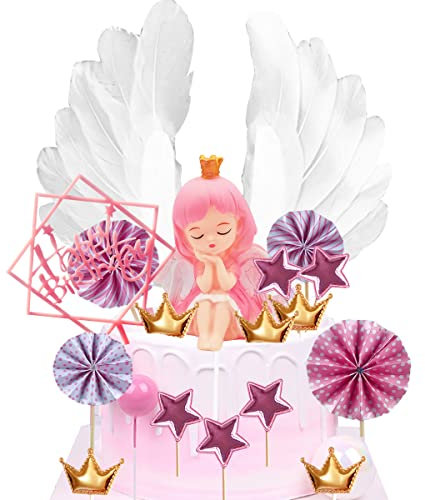 Doyomtoy Decoración para tartas de cumpleaños, corona de ángel, estrellas, alas de ángel, decoración para tartas, decoración para tartas Happy Birthday topper,nube y estrellas