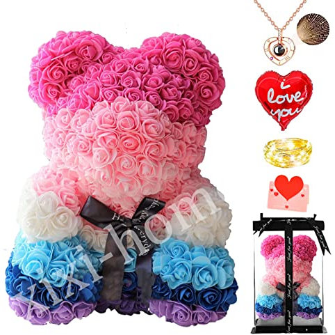 xixi-home Ours Rose Ours Rose avec Lumières Fleur avec Collier Anniversaire Saint-Valentin Anniversaire Fête des Mères Meilleur Cadeau avec Boîte Cadeau Transparente Carte d'amour