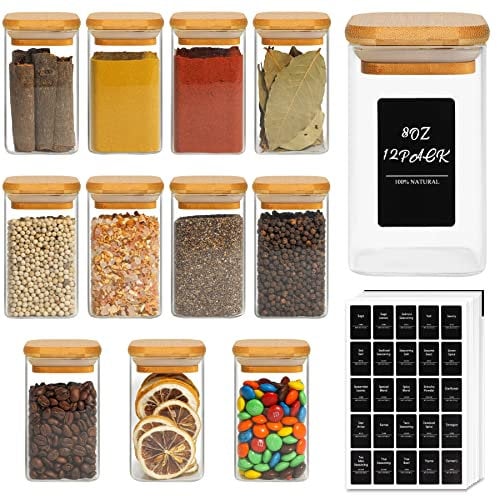 ComSaf 12 Stück Gewürzgläser mit luftdichtem Bambusdeckel, 250ml quadratische leere Gewürzflaschen mit 275 schwarzen Etiketten, Gewürzbehälter für Gewürzsalz, Zucker, Kaffeebohnen