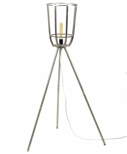 L'Héritier Du Temps Lampadaire Trépied Panier Hinsk Lampe Articulée Tendance Eclairage Industriel en Verre et Métal Patiné Argenté 30x30x134cm