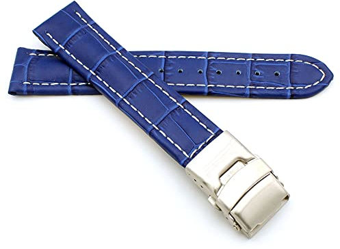 Sulla 20mm Uhrenband Alligator Prägung Genuine Leder Armband mit Faltschließe aus Edelstahl Königsblau Weiße Naht