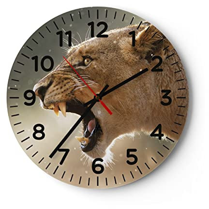 Modern Wanduhr Löwe Löwin Reißzähne 30x30cm Rund Klein Wand Uhr Glas Analog Zimmeruhren Küche Büro Wohnzimmer Glasuhr Wall Clock Dekoration Design Wanddekoration Küchenuhr C4AR30x30-4137