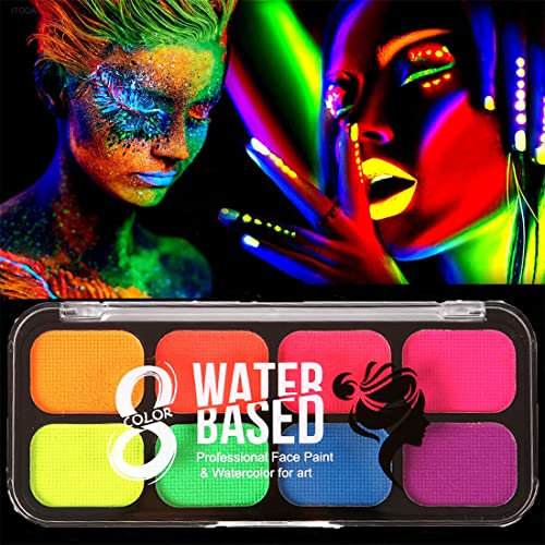 Bodypainting Farben 8 UV Gesichtsfarbe Palette Fluoreszierende Körperfarbe Gesicht Body Paint Ungiftig Waschbar Schminkfarben Neon Fluoreszenz Schminkpalette Körpermalfarben Halloween Fasching Party