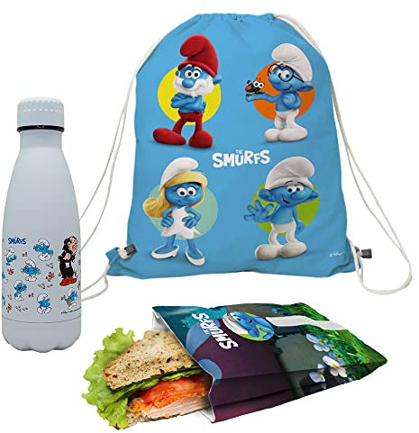 Nerthus FIH 1081 Set Rucksack + Sandwich Tasche + Doppelwandflasche 350 ml Schlümpfe