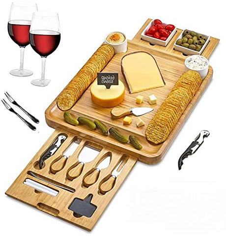 Juego de Tabla de quesos, Juego de Tablas de charcutería Grande - Bandeja de Queso de Carne de Vino con Juego de Cubiertos de Acero Inoxidable, Regalos para Mujeres - Aniversario d