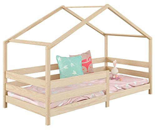 Lit cabane Rena lit Simple Montessori pour Enfant 90 x 190 cm, avec barrières de Protection, en pin Massif à la Finition Naturelle