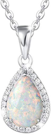 FANCIME Opal Kette mit Wassertropfen Anhänger aus 925 Sterling Silber, CZ Zirkon Edelstein Halskette Schmuck Geschenk für Damen Frauen Mädchen - Kettenlänge: 40+5 cm