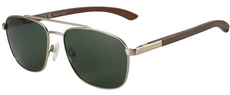 ZENOTTIC Pilot Polarised Sunglasses Mens Mirrored Square Metal Frame Wood Temple UV400 Protection Lens
