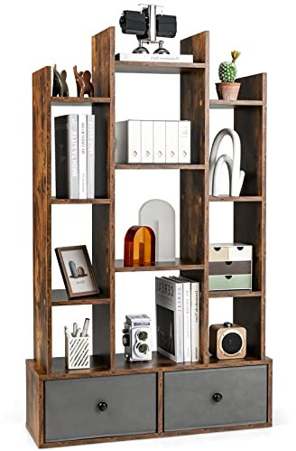 COSTWAY Bücherregal im Baumform, Standregal mit Schubladen, Regal mit 12 Fächern, Aufbewahrungsregal für Wohnzimmer, Schlafzimmer, 80 x 24 x 132 cm (Vintagebraun)