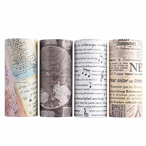 LGEGE 4 Rollen Vintage Zeitungs-Washi Tape Set, 90mm breit, Artikel, Karte, Musiknote Element, Japanisches Abdeckband Dekor für Scrapbook, Bullet Journal, Geschenkverpackung, DIY Craft (2m)
