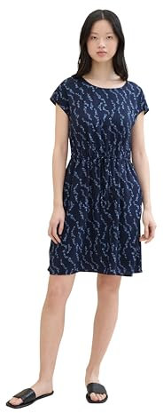 TOM TAILOR Denim Damen Basic Viskose Kleid mit Taschen, navy blue heart print, L