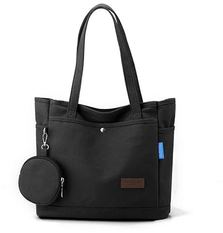 Vegena Bolso grande para mujer, bolso de mano con monedero, bolso de hombro con cremallera, bolsa de tela de lona para el día a día, compras, escuela, trabajo, Negro