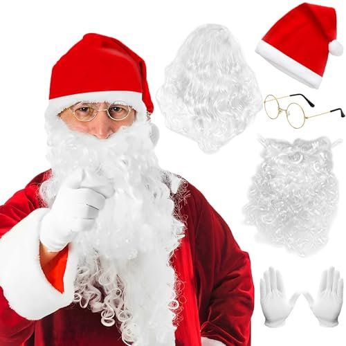 Alaiyaky Weihnachtsmann Bart und Perücke Set, 6 Stück Weihnachtsmann Kostüm Accessories mit Weihnachtsmann Perücke Nikolausbart Weihnachtsmütze Weihnachtsbrille Handschuhe, für Weihnachten Cosplay