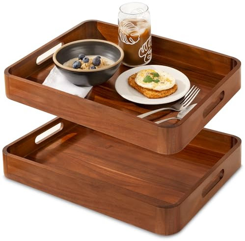 Vassoi da portata in legno di acacia con manici per mangiare, antipasti, cibo, snack o decorazioni per la casa, grande vassoio in legno per letto o vassoio TV, accessorio decorativo ottomano o
