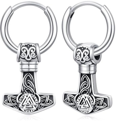 Wikinger Ohrringe Herren Creolen 925 Sterling Silber Thors Hammer Ohrringe Hängend Mjolnir Nordic Schmuck Geschenke für Männer Frauen