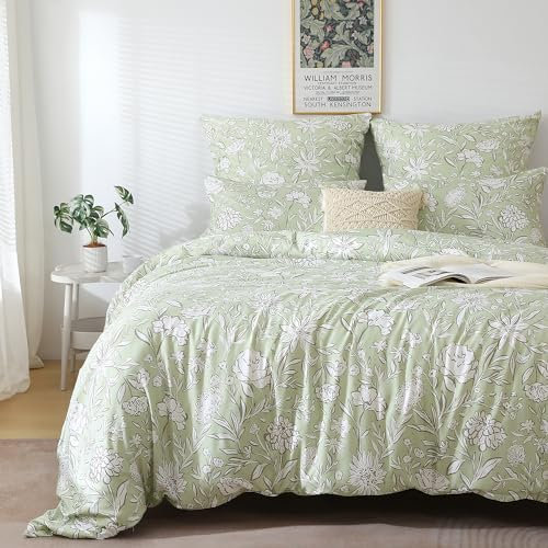 TOCOMOA Bettwäsche 135x200 Hellgrün, Weiß Blumen und Blatt Bettwäsche-Set mit Reißverschluss, Oeko-TEX Zertifiziert, 1 Bettbezug 135 x 200 cm und 1 Kissenbezug 80x80 cm
