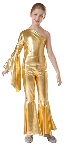 inhzoy Kinder Mädchen Jumpsuit Glänzende Metallic 70er 80er Disco Overall Ganzanzug Turnanzug Gymnastik Trikot Tanztrikot Space Girl Performance Outfit