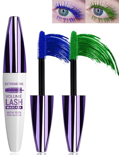 2 mascherine telescopiche blu verde 5D per eyelash, waterproof smudge-proof Long Lasting Colored Mascara Voluminous Curling Non-clump Mascara, False Lash Effect Extension Makeup, Cosplay Party Use