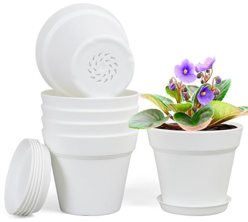 Homeuouz 6 Packs Blumentopf mit Untersetzer, 17.8cm Pflanzentopf, Plastik Übertopf mit Mehrere Ablauflöchern, Hydrokultur Topf, Blumentöpfe Set Ideal für Innen und Balkongärten,Weiß