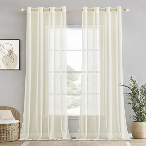 EMEMA Voile Vorhang Sheer Leinenvorhang Transparente Leinen Gardinen Ösenschal Wohnzimmer Wohnzimmer Modern 2er Set Fensterschal Dekoschal Schlafzimmer mit Ösen 140 x 280cm (B x H) Elfenbein