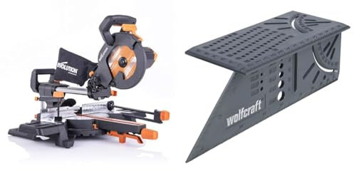 Evolution Power Tools - Scie à Onglets Coulissante Multi-Matériaux R210SMS-300+ avec le Pack Plus, 210 mm & wolfcraft 5208000 - Équerre 3D d'onglet - Traçage angle de 45° à 90° - 150 x 275 x 66 mm