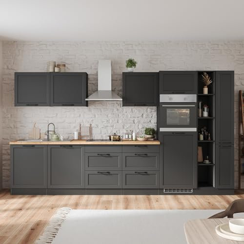 Lomadox Küche Einbauküche Küchenzeile 360 cm mit E-Geräten in grau, Arbeitsplatte in Eiche, inkl. Dunstabzugshaube, Induktionskochfeld, Backofen, Geschirrspüler