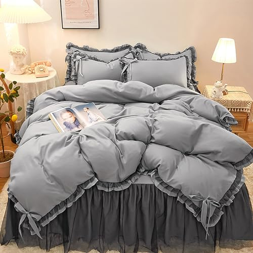GETIYA Hellgrau Bettwäsche 135x200 Aesthetic Rüschen Bettwäsche Einfarbig Mädchen Damen Bettbezug mit Schleife Zweiteilig Bettbezug Mikrofaser Rüschen Deckenbezug mit 1 Kissenbezug 80x80