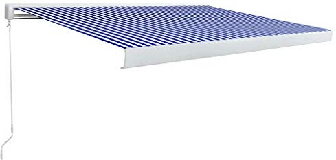 Manuelle Kassettenmarkise, einziehbare manuelle Terrassenmarkise, Sonnenschutzdach für den Garten, Pavillon, Sonnendächer für Terrassendecks, Türfenster, Blau und Weiß, 300 x 250 cm