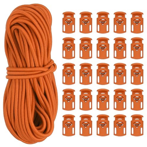 PATIKIL 10 Yard Elastic Bungee Cord & Single Hole Cord Lock, 25 Pack Plastic Oval Spring Toggle Stopper for Paracord Drawstring Shoelace Clothing Backpack Bags, Orange