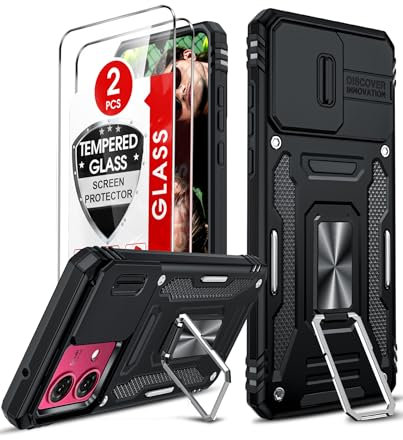 LeYi for Motorola Moto G84 Phone Case, with Camera Lens Cover Slider, 2 Pack Screen Protectors, Ring Stand Holder Military Grade Protective Shockproof Armour Cover for Moto G84, Black