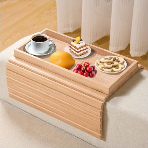 Duscdesp Bamboo Sofa Arm Tray Foldable Sofa Table Tray,Anti-Slip Armchair Table Couch Cup Holder Tray Couch Caddy for Snacks,Phone,Drinks,Cup (Bamboo B)