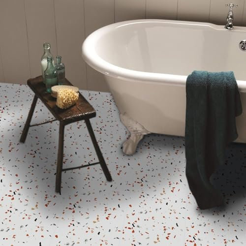 Alwayspon Vinyl Flooring Self Adhesive Floor Tiles Sticker Peel and Stick Vinyl Flooring Planks for Kitchen Living Rooms and Bathroom Floor, White Red Terrazzo