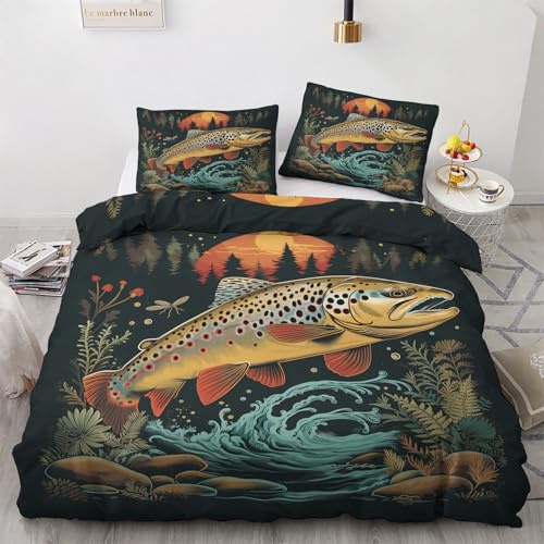 Bettwäsche 135x200 Angeln Forelle Motiv - Fisch Fischer Bettbezug und 1 Kissenbezug 80x80, Weiche Bügelfreie Mikrofaser Deckenbezug 2er Set mit Reißverschluss, Wendebettwäsche & Deko M&-1386