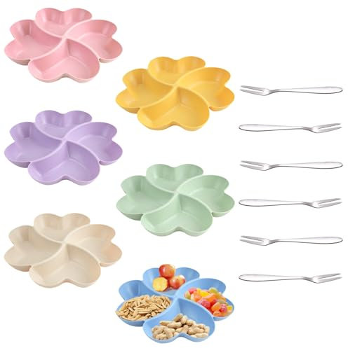 6 Piezas Bandeja Aperitivos con 6 Tenedores de Fruta, Reutilizables Plato Aperitivos con Compartimentos, Plato de Snacks Bandejas para Snacks, Almacenar Nueces, Fruta, Dulces