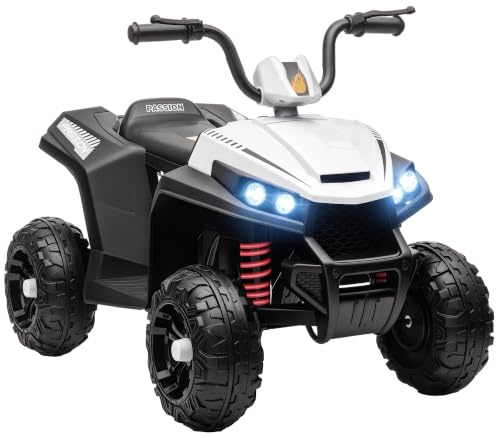 AIYAPLAY Elektrisk fyrhjuling för barn, 12 V, barnfyrhjulsfjädring, MP3-musikspelare, barnfordon med strålkastare, fram- och bakåtväxel, för 3–5 år barn, 5 km/h, metall, vit