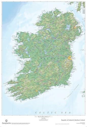Physical Map of Ireland Wall Map - Laminated Poster - Size 82cm x 120cm - Perfect For Schools, Offices and Businesses - Clearly Shows County's, Towns And Roads