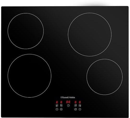 Russell Hobbs Electric Ceramic Hob 59cm Wide with 4 Cooking Zones, Electric 9 Power Levels, Touch Control & Easy Clean, Safety Cut Off, Timer & LED Display, Child Lock RH60EH413B