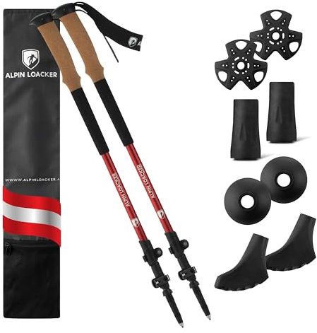 ALPIN LOACKER Teleskop Wanderstöcke Aluminium und Carbon mit Korkgriff I Leichte Nordic Walking Stöcke Damen und Herren für Skifahren und Wandern I Trekkingstöcke für Bergsport, Light Rot