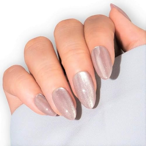 Ongles à coller Amande - Faux ongles roses à coller Cat Eyes, courts, en gel souple, avec colle à ongles, 12 tailles - Kit de 24 faux ongles réutilisables
